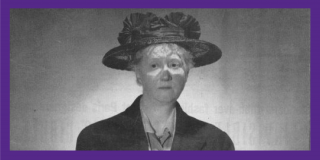 Purple border surrounding a black and white portrait of Marianne Moore