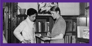 Purple border surrounding historic black-and-white photograph of librarian Margaret Scoggin poring over books with a teenaged boy