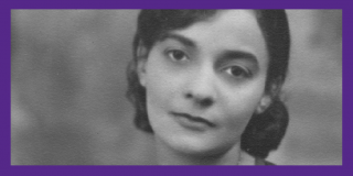 Purple border surrounding a historic black-and-white photo portrait of NYPL librarian Regina Andrews