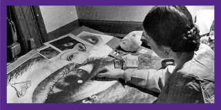 Purple border surrounding a historic black-and-white photo showing the back of a woman with a braided bun sitting at a desk with several large close-up photographs of human eyes
