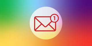 Rainbow ombre rectangle with a white circle in the center, featuring a red icon of an envelope with a notification in the corner