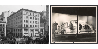 Historic photo of Arnold Constable building exterior next to a historic photo of window dressing at the department store