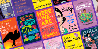 Purple background featuring a cover collage with books from NYPL's Essential Reads on Feminism list for teens