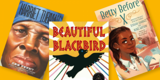 Yellow background featuring a book cover background with titles like: Harriet Tubman, Beautiful Blackbird, Betty Before X
