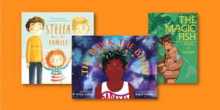 Orange rectangle featuring a book cover collage that includes titles like The Boy and the Bindi, The Magic Fish, Stella Brings the Family