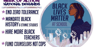 Event card image for Week of Action with an illustration of a Black girl and the title Black Lives Matter at School; alongside text that includes: National Demands, End Zero Tolerance, Mandate Black History & Ethnic Studies, Hire More Black Teachers, Fund Counselors Not Cops