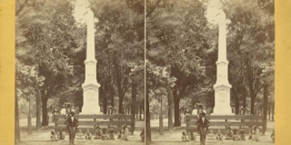 Two identical historic photos side-by-side depicting people standing in front of a columnar Confederate monument