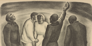 Closeup of a stylized illustration featuring a group of people in darker clothing circled around two people in white clothing who are about to perform a baptism in a body of water