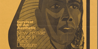 Closeup look at a poster featuring a stylized illustration of a Black woman looking into the distance with white text superimposed over her that reads: Survival of an Aesthetic, New Female Voices in Black Literature