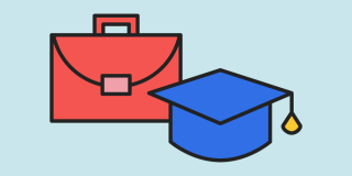 Light blue background featuring two icons: one of a red briefcase and the other of a blue grad cap
