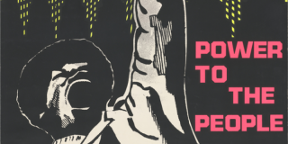 Closeup of a historic poster featuring a stylized illustration of a Black man raising his fist next to bright pink text that reads: Power to the People