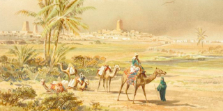 Closeup of an elaborately colored historic illustration of people on camels near palm trees leaving a distant city