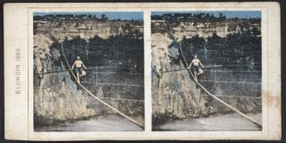 stereograph of tightrope artist 'Blondin' crossing over the river