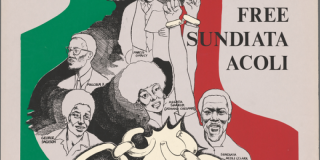 Poster featuring illustrations of (left to right) George Jackson, Malcolm X, Angela Davis, and Sundiata Acoli among others; with bold text that reads: Free Sundiata Acoli
