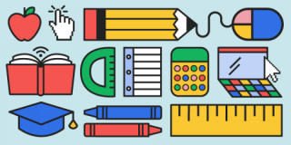 Light blue background featuring stylized illustrated icons of school supplies including items like an apple, a graduation cap, a calculator, and a ruler.