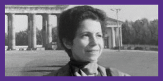 Historic photo of Kathie Coblentz over a purple background. 