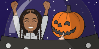 Illustration of a girl in a space ship, smiling and sitting next to a person with a pumpkin head.