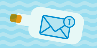 Graphic illustration of a message in a bottle containing an icon of a blue envelope with a notification symbol in the corner. 