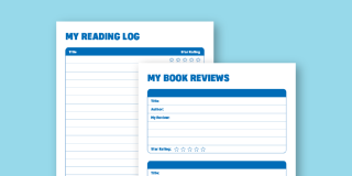 Light blue background with an array of downloadable reading log and book review pages displayed. 