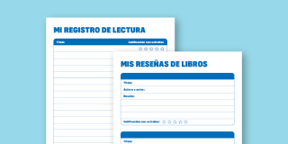Light blue background with an array of downloadable reading log and book review pages displayed in Spanish.