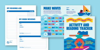 Light blue background with an array of downloadable reading log, book review, and activity tracker pages displayed. 
