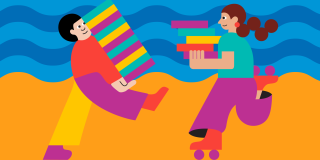 Colorful illustration of two people holding large stacks of books on a beach; one of them is rollerskating. 