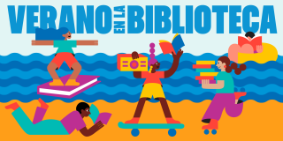 Graphic illustration of a diverse group of people playing with and surfing on books in an ocean with superimposed blue text in Spanish that reads: Verano en la Biblioteca.