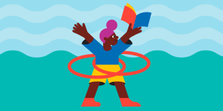 Colorful illustration of a child holding a book and spinning two hula hoops at the same time.