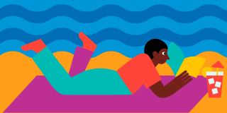 Colorful illustration of a person lounging on a purple beach blanket, reading a book; there is an iced drink on the blanket next to them.