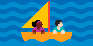 Colorful illustration of two children in a sailboat. 
