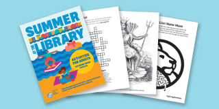 Light blue background with an array of Summer at the Library activity pages displayed in a fan formation.