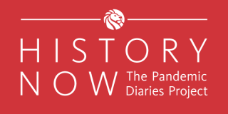 Red background with text 'History Now: The Pandemic Diaries Project'