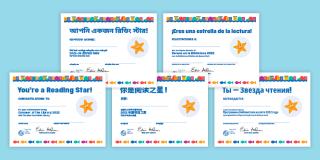 Five colorful certificates in different languages featuring a smiling starfish against a light blue background.