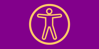 Purple background with a gold-hued accessibility icon featuring an icon of a person inside of a circle. 
