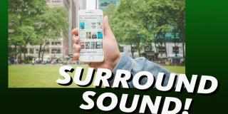 Graphic featuring a hand holding an iPhone with the SimplyE app and text that reads: Surround Sound!