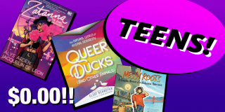 Book cover collage on a purple background that reads: Teens! $0.00!