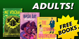 Book cover collage on a green background that reads: Adults! Free Books!