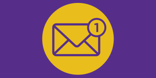 Purple background with a gold circle in the center featuring an email icon. 