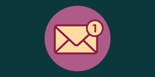 Cream-colored and red email icon on a pink and green background.