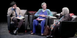 Tiona McClodden, Dr. Gloria Jones, and Sonia Sanchez seated on the Schomburg stage in conversation about Audre Lorde.