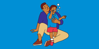 Illustration of a child blowing bubbles with their parent.