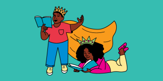 Illustration features two kids reading and wearing costumes.