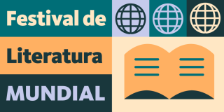 Spanish language World Literature Festival graphic featuring globe and book icons in orange, lavender, and green tones.